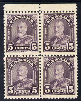Canada 1930-31 KG5 5c violet marginal block of 4 unmounted mint SG 295, stamps on , stamps on  kg5 , stamps on 
