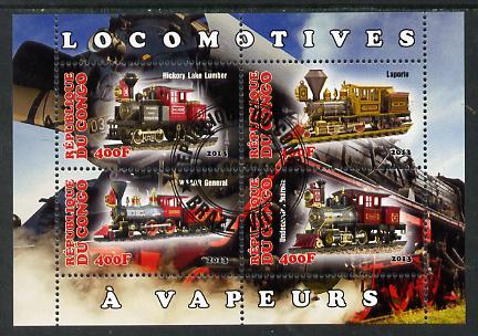 Congo 2013 Early Steam Locomotives perf sheetlet containing four values fine cto used, stamps on , stamps on  stamps on railways