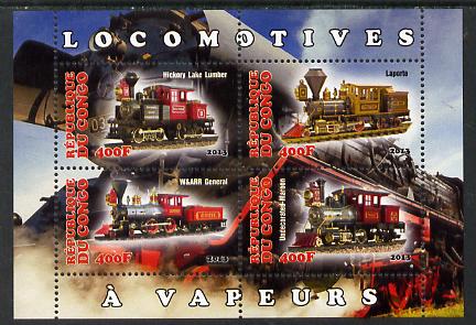 Congo 2013 Early Steam Locomotives perf sheetlet containing four values unmounted mint, stamps on , stamps on  stamps on railways