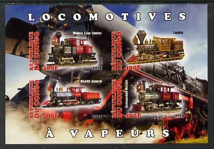 Congo 2013 Early Steam Locomotives imperf sheetlet containing four values unmounted mint, stamps on , stamps on  stamps on railways