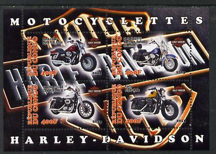 Congo 2013 Harley-Davidson Motorcycles perf sheetlet containing four values unmounted mint, stamps on , stamps on  stamps on motorbikes