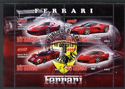 Congo 2013 Ferrari Cars #2 perf sheetlet containing four values fine cto used, stamps on , stamps on  stamps on cars, stamps on  stamps on ferrari