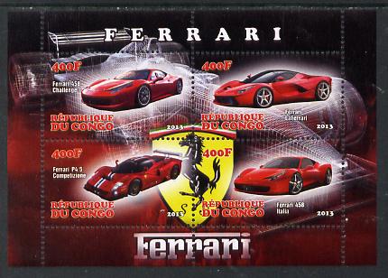 Congo 2013 Ferrari Cars #2 perf sheetlet containing four values unmounted mint, stamps on , stamps on  stamps on cars, stamps on  stamps on ferrari