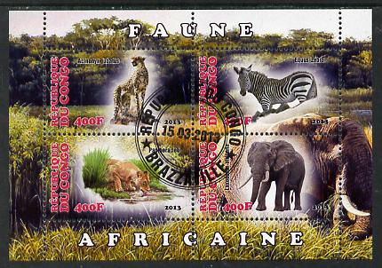 Congo 2013 African Animals #1 perf sheetlet containing four values fine cto used, stamps on , stamps on  stamps on animals, stamps on  stamps on cats, stamps on  stamps on lions, stamps on  stamps on elephants, stamps on  stamps on zebra