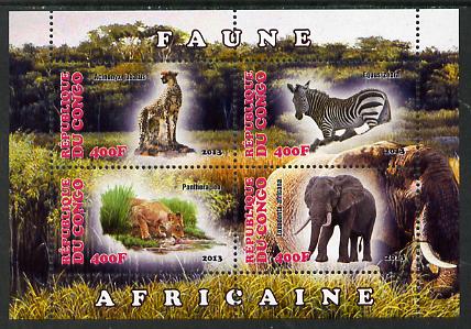 Congo 2013 African Animals #1 perf sheetlet containing four values unmounted mint, stamps on , stamps on  stamps on animals, stamps on  stamps on cats, stamps on  stamps on lions, stamps on  stamps on elephants, stamps on  stamps on zebra