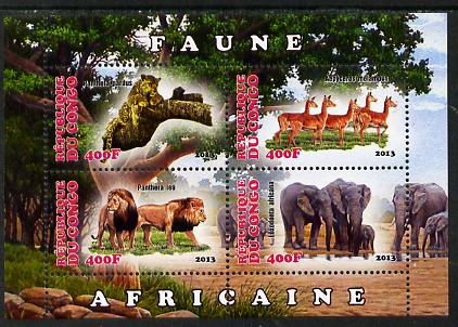 Congo 2013 African Animals #2 perf sheetlet containing four values unmounted mint, stamps on , stamps on  stamps on animals, stamps on  stamps on cats, stamps on  stamps on lions, stamps on  stamps on elephants, stamps on  stamps on antelope