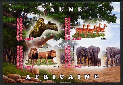 Congo 2013 African Animals #2 imperf sheetlet containing four values unmounted mint, stamps on , stamps on  stamps on animals, stamps on  stamps on cats, stamps on  stamps on lions, stamps on  stamps on elephants, stamps on  stamps on antelope