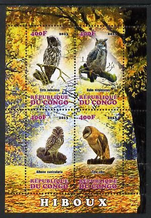 Congo 2013 Birds - Owls perf sheetlet containing four values unmounted mint, stamps on , stamps on  stamps on birds, stamps on  stamps on birds of prey, stamps on  stamps on owls