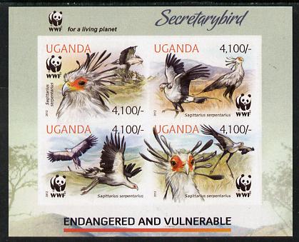 Uganda 2012 WWF - Secretary Bird imperf sheetlet containing 4 values unmounted mint, stamps on , stamps on  stamps on , stamps on  stamps on  wwf , stamps on  stamps on birds