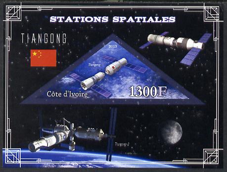 Ivory Coast 2013 Space Stations - Tiangong imperf m/sheet containing triangular value unmounted mint, stamps on , stamps on  stamps on space, stamps on  stamps on triangular, stamps on  stamps on science, stamps on  stamps on shaped