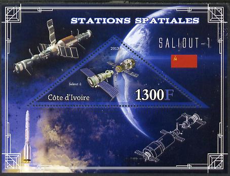 Ivory Coast 2013 Space Stations - Saliout-1 perf m/sheet containing triangular value unmounted mint, stamps on , stamps on  stamps on space, stamps on  stamps on triangular, stamps on  stamps on science, stamps on  stamps on shaped