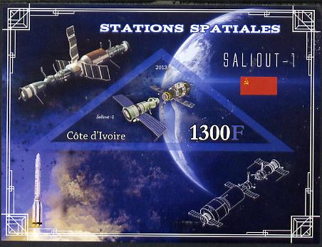 Ivory Coast 2013 Space Stations - Saliout-1 imperf m/sheet containing triangular value unmounted mint, stamps on space, stamps on triangular, stamps on science, stamps on shaped