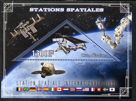 Ivory Coast 2013 Space Stations - International Space Station (ISS) perf m/sheet containing triangular value unmounted mint, stamps on , stamps on  stamps on space, stamps on  stamps on triangular, stamps on  stamps on science, stamps on  stamps on shaped