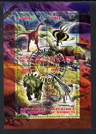 Djibouti 2013 Dinosaurs #1 perf sheetlet containing 4 values cto used, stamps on , stamps on  stamps on dinosaurs