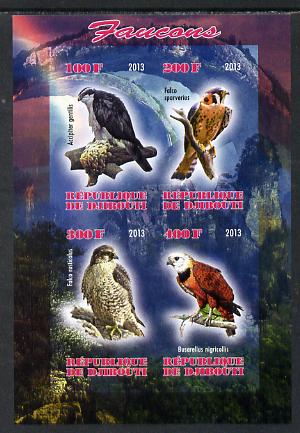 Djibouti 2013 Falcons imperf sheetlet containing 4 values unmounted mint, stamps on , stamps on  stamps on birds, stamps on  stamps on birds of prey, stamps on  stamps on falcons