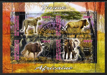 Djibouti 2013 Animals of Africa #1 perf sheetlet containing 4 values cto used, stamps on , stamps on  stamps on animals, stamps on  stamps on lions, stamps on  stamps on cats, stamps on  stamps on elephants, stamps on  stamps on bison, stamps on  stamps on bovine