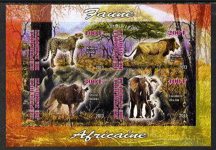 Djibouti 2013 Animals of Africa #1 imperf sheetlet containing 4 values unmounted mint, stamps on , stamps on  stamps on animals, stamps on  stamps on lions, stamps on  stamps on cats, stamps on  stamps on elephants, stamps on  stamps on bison, stamps on  stamps on bovine