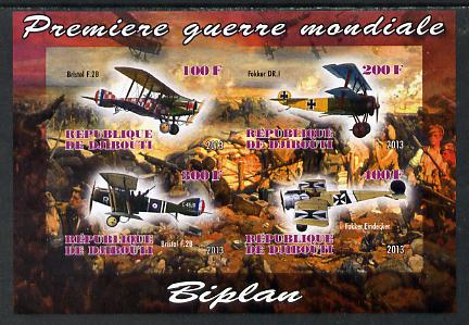 Djibouti 2013 Aircraft of WW1 (Biplanes) imperf sheetlet containing 4 values unmounted mint, stamps on , stamps on  stamps on aviation, stamps on  stamps on  ww1 , stamps on  stamps on 