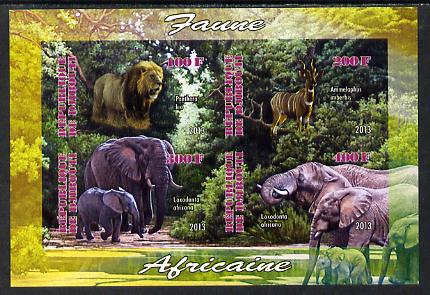 Djibouti 2013 Animals of Africa #2 imperf sheetlet containing 4 values unmounted mint, stamps on , stamps on  stamps on animals, stamps on  stamps on lions, stamps on  stamps on cats, stamps on  stamps on elephants, stamps on  stamps on antelope, stamps on  stamps on bovine