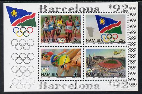 Namibia 1992 Barcelona Olympic Games perf m/sheet unmounted mint SG MS 601, stamps on , stamps on  stamps on sport, stamps on  stamps on olympics, stamps on  stamps on flags, stamps on  stamps on helicopters, stamps on  stamps on swimming, stamps on  stamps on running, stamps on  stamps on stadia