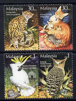 Malaysia 2002 Stamp Week - Wild & Domesticated Animals perf set of 4 unmounted mint SG 1108-11, stamps on postal, stamps on animals, stamps on leopard, stamps on cats, stamps on birds, stamps on parrots, stamps on owls, stamps on birds of prey