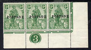 Malta 1926 Postage overprint on 1/2d green SE corner strip of 3 with plate number 3 mounted mint, SG 144, stamps on , stamps on  stamps on malta 1926 postage overprint on 1/2d green se corner strip of 3 with plate number 3 mounted mint, stamps on  stamps on  sg 144