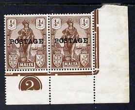Malta 1926 Postage overprint on 1/4d brown SE corner pair with plate number 2 mounted mint, SG 143, stamps on 