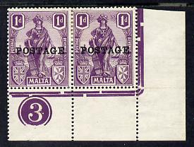 Malta 1926 Postage overprint on 1d violet SE corner pair with plate number 3 mounted mint, SG 145