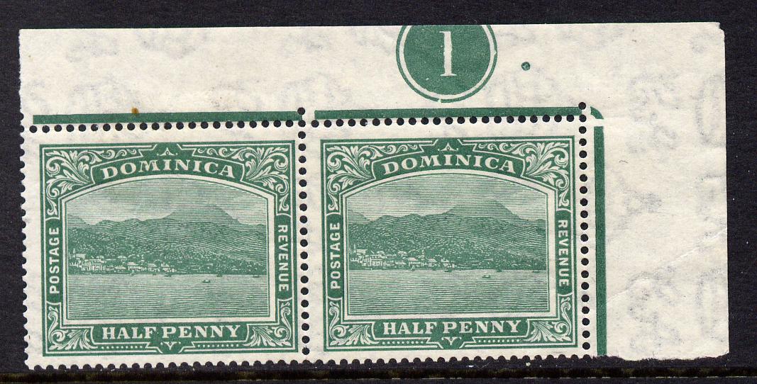 Dominica 1921-22 Roseau Script CA 1/2 green NE corner pair with plate no.1 mounted mint, SG 62