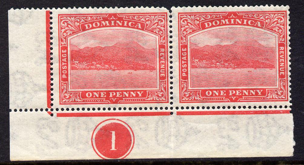 Dominica 1921-22 Roseau Script CA 1d carmine-red SW corner pair with plate no.1 mounted mint, SG 63, stamps on , stamps on  stamps on , stamps on  stamps on  kg5 , stamps on  stamps on 