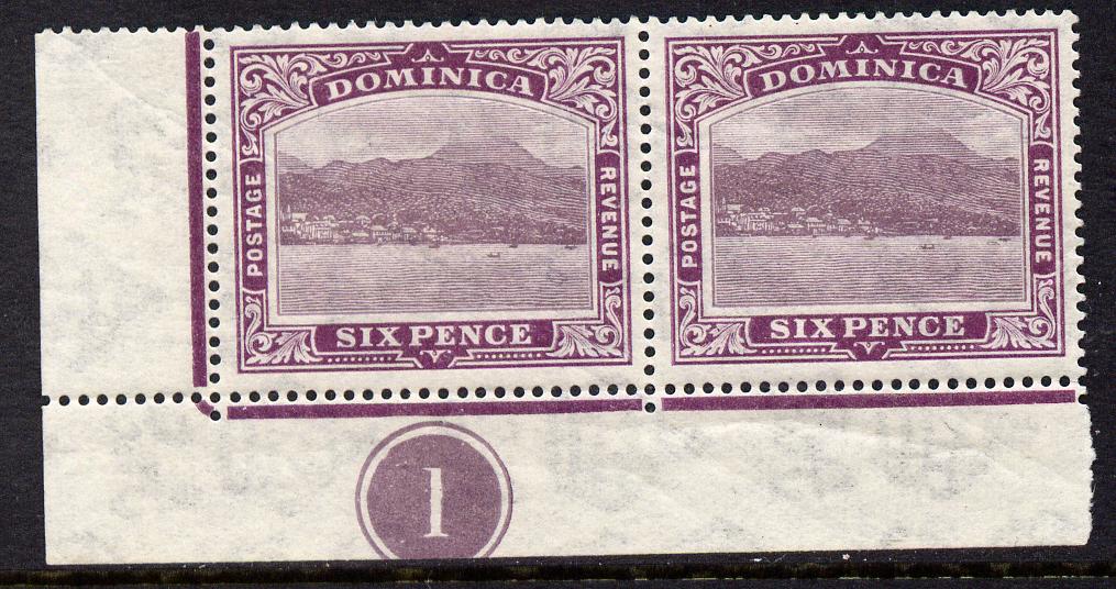 Dominica 1921-22 Roseau Script CA 6d purple SW corner pair with plate no.1 mounted mint, SG 67, stamps on , stamps on  kg5 , stamps on 