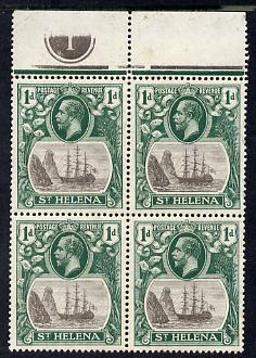 St Helena 1922-37 KG5 Badge Script 1d top marginal block of 4 with plate no.1, includes variety 'Bottom vignette frame line broken twice' (stamp 24) unmounted mint SG 98var, stamps on , stamps on  stamps on , stamps on  stamps on  kg5 , stamps on  stamps on ships