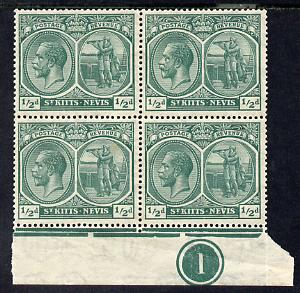 St Kitts-Nevis 1921-29 KG5 Script CA Columbus 1/2d blue-green marginal block of 4 with plate no.1 unmounted mint light crease, SG 37, stamps on , stamps on  stamps on , stamps on  stamps on  kg5 , stamps on  stamps on columbus