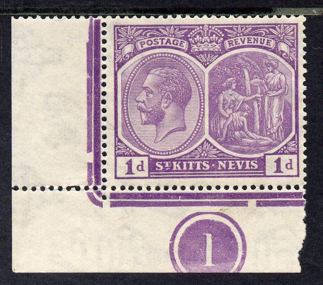 St Kitts-Nevis 1921-29 KG5 Script CA Medicinal Spring 1d violet corner single with plate no.1 unmounted mint, SG 39, stamps on , stamps on  kg5 , stamps on 