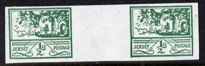 Jersey 1943-44 Occupation 1/2d green imperf inter-paneau gutter pair as designed by Blampied on ungummed paper and assumed to be a reprint, as SG 3, stamps on , stamps on  stamps on , stamps on  stamps on  kg5 , stamps on  stamps on  ww2 , stamps on  stamps on 