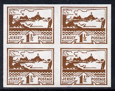 Jersey 1943-44 Occupation 1.5d brown imperf block of 4 as designed by Blampied on ungummed paper and assumed to be a reprint, as SG 5, stamps on , stamps on  stamps on , stamps on  stamps on  kg5 , stamps on  stamps on  ww2 , stamps on  stamps on lighthouses