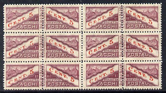 San Marino 1945-46 Parcel Post 5c purple & red block of 12 (4x3) being 6 se-tenant pairs unmounted mint SG P309, stamps on 