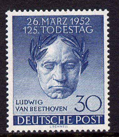 Germany - West Berlin 1952 125th Death Anniversary of Beethoven 30pf unmounted mint, SG B87, stamps on , stamps on  stamps on personalities, stamps on  stamps on beethoven, stamps on  stamps on opera, stamps on  stamps on music, stamps on  stamps on composers, stamps on  stamps on deaf, stamps on  stamps on disabled, stamps on  stamps on masonry, stamps on  stamps on masonics