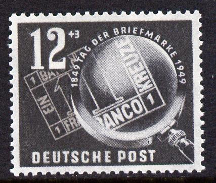 Germany - East 1949 Stamp Day 12pf + 3pf grey-black unmounted mint, SG E4, stamps on , stamps on  stamps on postal, stamps on  stamps on stampon, stamps on  stamps on stamp on stamp, stamps on  stamps on 