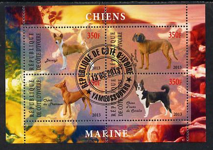 Ivory Coast 2013 Dogs #2 perf sheetlet containing 4 values fine cto used, stamps on dogs