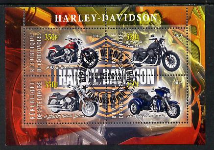 Ivory Coast 2013 Harley Davidson Motorcycles perf sheetlet containing 4 values fine cto used, stamps on motorbikes, stamps on harley