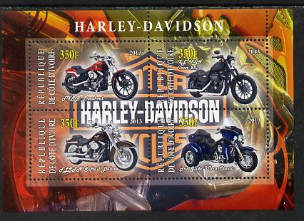 Ivory Coast 2013 Harley Davidson Motorcycles perf sheetlet containing 4 values unmounted mint, stamps on , stamps on  stamps on motorbikes, stamps on  stamps on harley