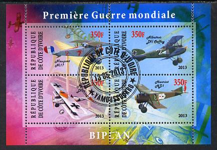 Ivory Coast 2013 Biplanes of World War 1 perf sheetlet containing 4 values fine cto used, stamps on aviation, stamps on  ww1 , stamps on 