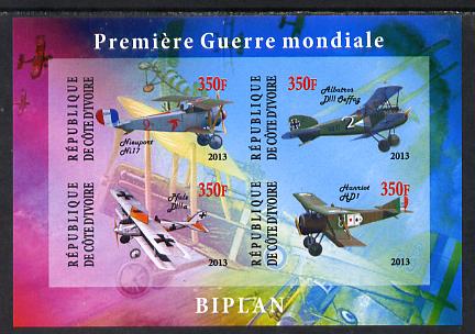 Ivory Coast 2013 Biplanes of World War 1 imperf sheetlet containing 4 values unmounted mint, stamps on aviation, stamps on  ww1 , stamps on 