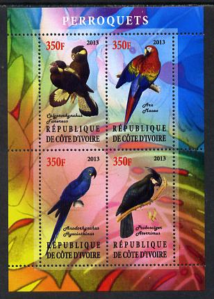 Ivory Coast 2013 Parrots perf sheetlet containing 4 values unmounted mint, stamps on birds, stamps on parrots