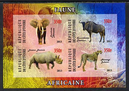 Ivory Coast 2013 African Animals #1 imperf sheetlet containing 4 values unmounted mint, stamps on , stamps on  stamps on animals, stamps on  stamps on elephants, stamps on  stamps on wildebeest, stamps on  stamps on bovine, stamps on  stamps on rhinos, stamps on  stamps on cats, stamps on  stamps on cheetah