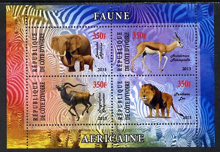 Ivory Coast 2013 African Animals #2 perf sheetlet containing 4 values unmounted mint, stamps on , stamps on  stamps on animals, stamps on  stamps on elephants, stamps on  stamps on kudu, stamps on  stamps on bovine, stamps on  stamps on cats, stamps on  stamps on lions, stamps on  stamps on antelope