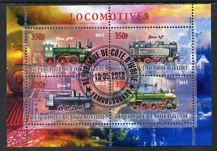 Ivory Coast 2013 Locomotives #1 perf sheetlet containing 4 values fine cto used, stamps on , stamps on  stamps on railways