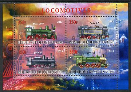 Ivory Coast 2013 Locomotives #1 perf sheetlet containing 4 values unmounted mint, stamps on , stamps on  stamps on railways