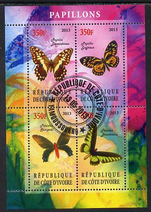 Ivory Coast 2013 Butterflies #3 perf sheetlet containing 4 values fine cto used, stamps on , stamps on  stamps on butterflies